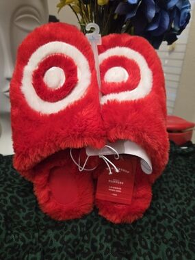 Red Fuzzy Target Logo Slippers